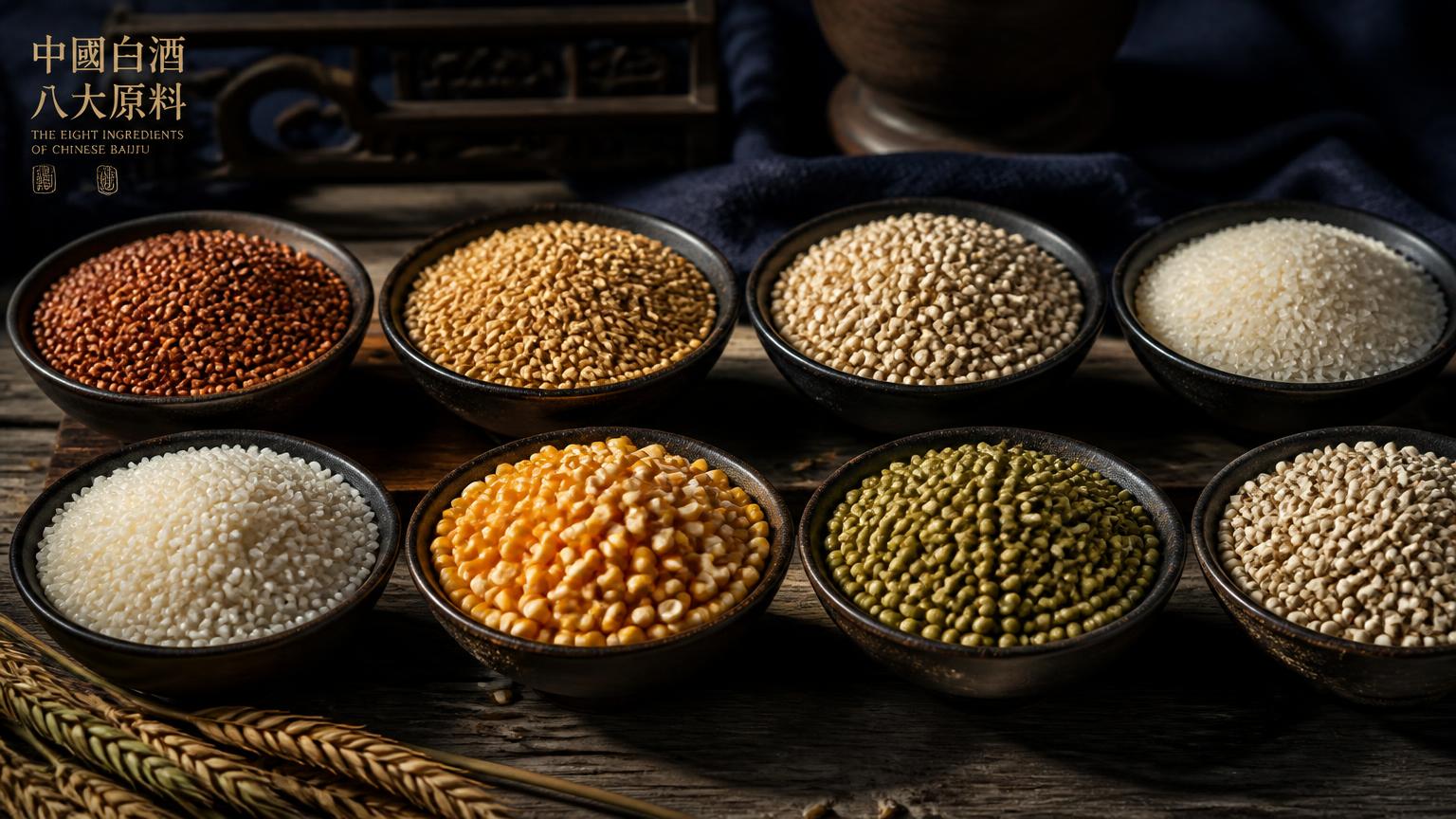Tám loại ngũ cốc dùng trong công thức bạch tửu: cao lương, lúa mì, đại mạch, gạo, gạo nếp, ngô, đậu Hà Lan